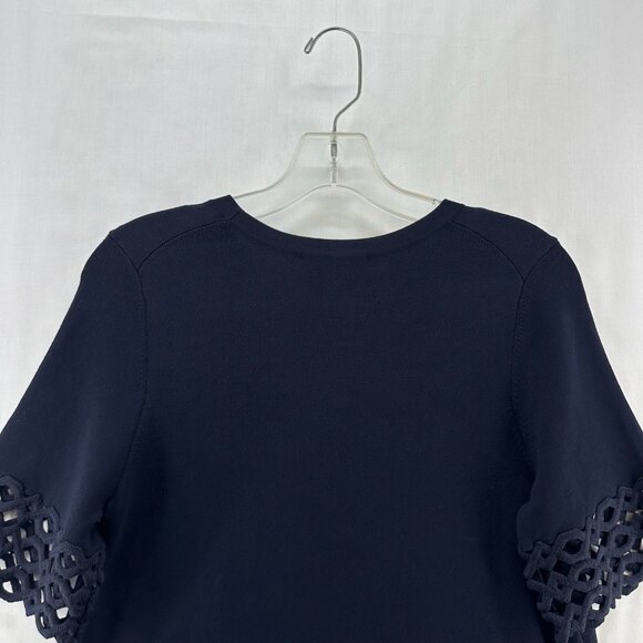 Ann Taylor Top and Skirt Set Womens LP Laser Cut Trim Stretchy Knitted Navy Blue - Picture 5 of 16